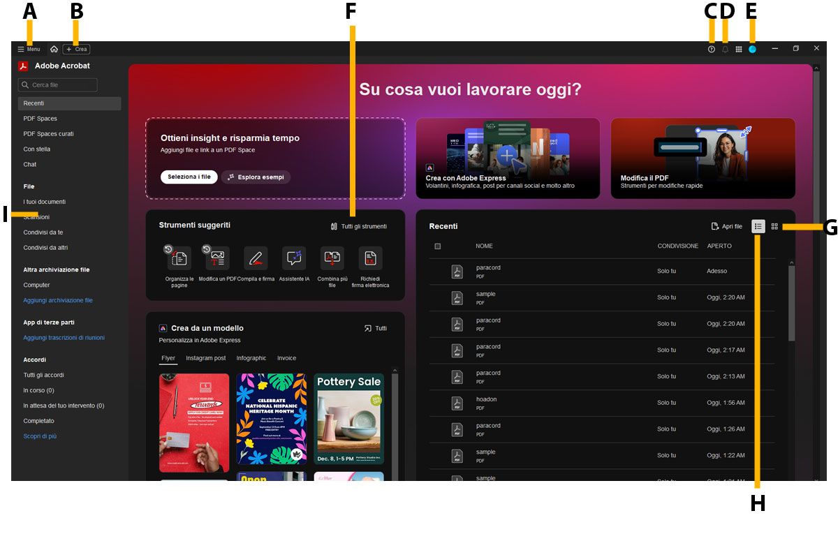 La finestra della vista Home mostra i file recenti, le cartelle di archiviazione cloud di Adobe, il menu, Visualizza tutti gli strumenti, il profilo, le notifiche e la guida di Acrobat.