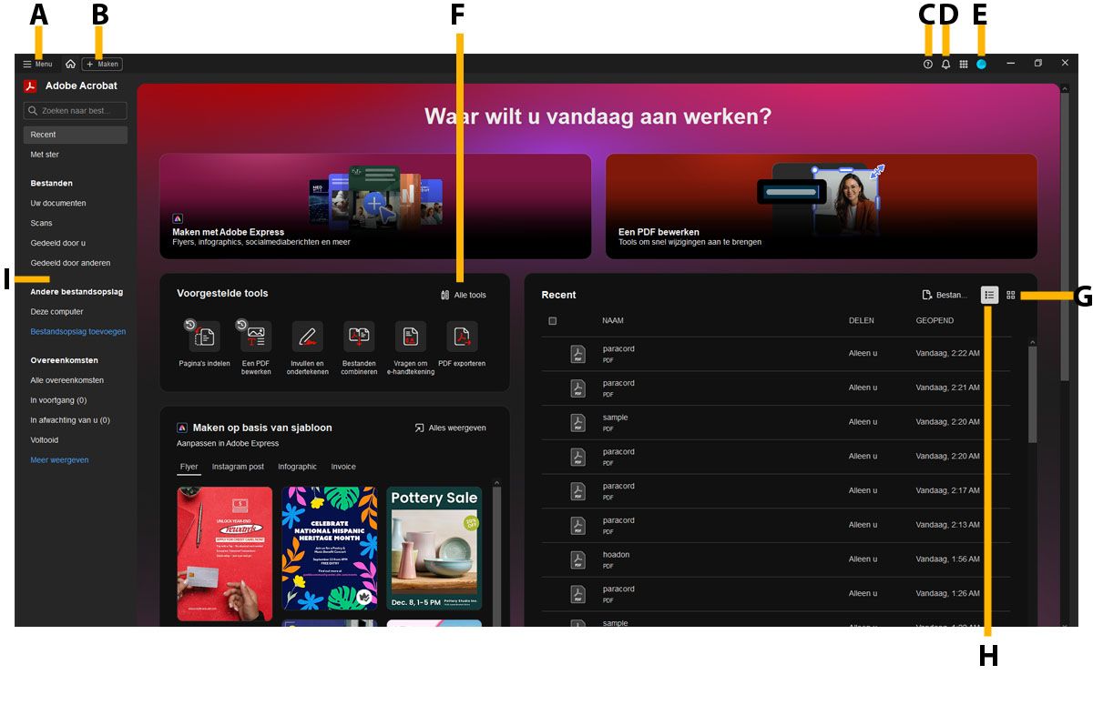 In het venster van de startpagina ziet u de recente bestanden, Adobe Cloud-opslagmappen, het menu, Alle hulpmiddelen bekijken, het profiel, meldingen en de Acrobat-help.