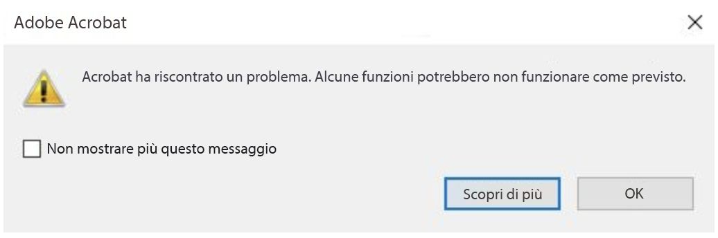 Finestra di dialogo di errore di AcroCEF o RdrCEF