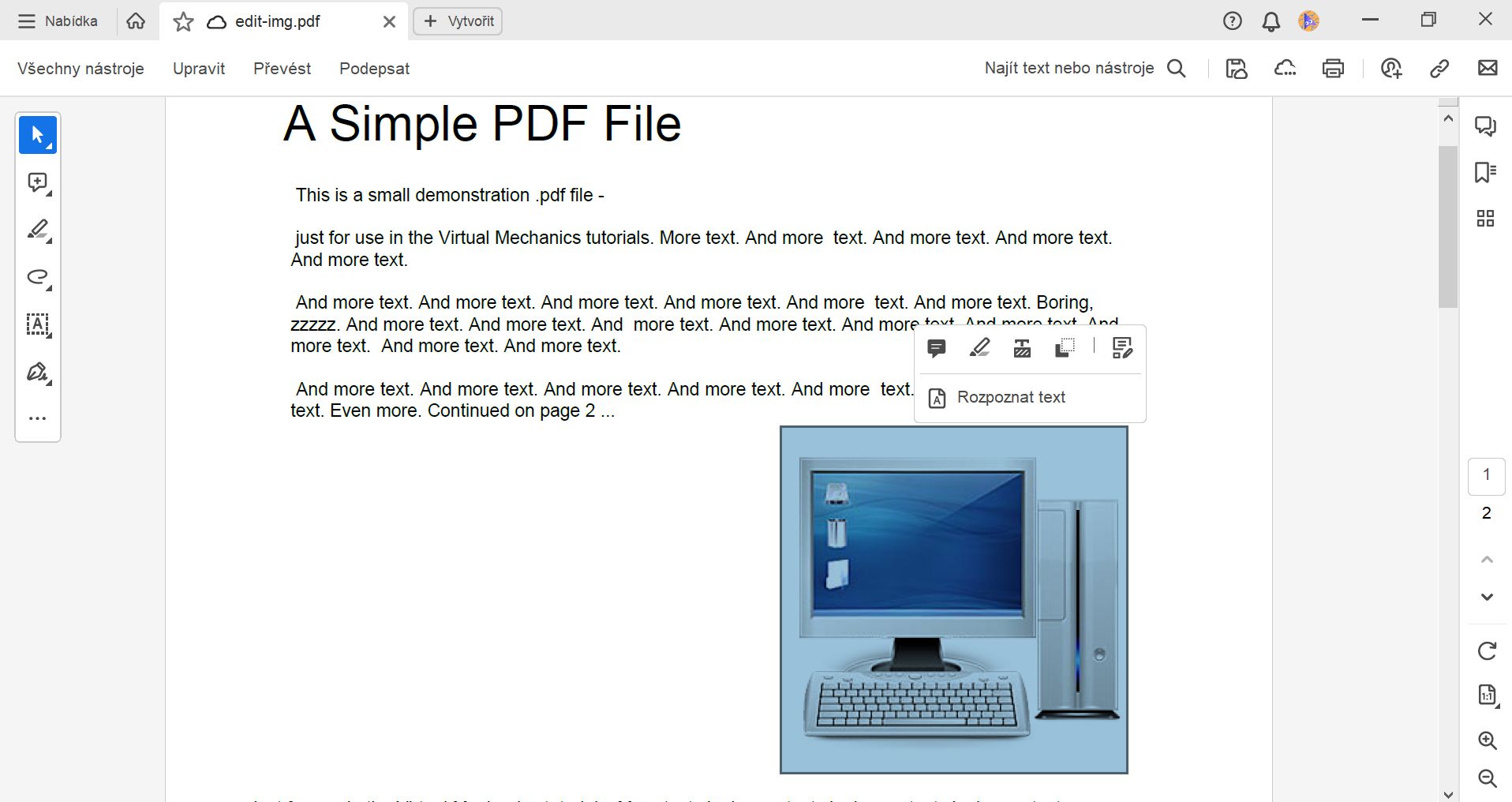 Akce na vybraném obrázku