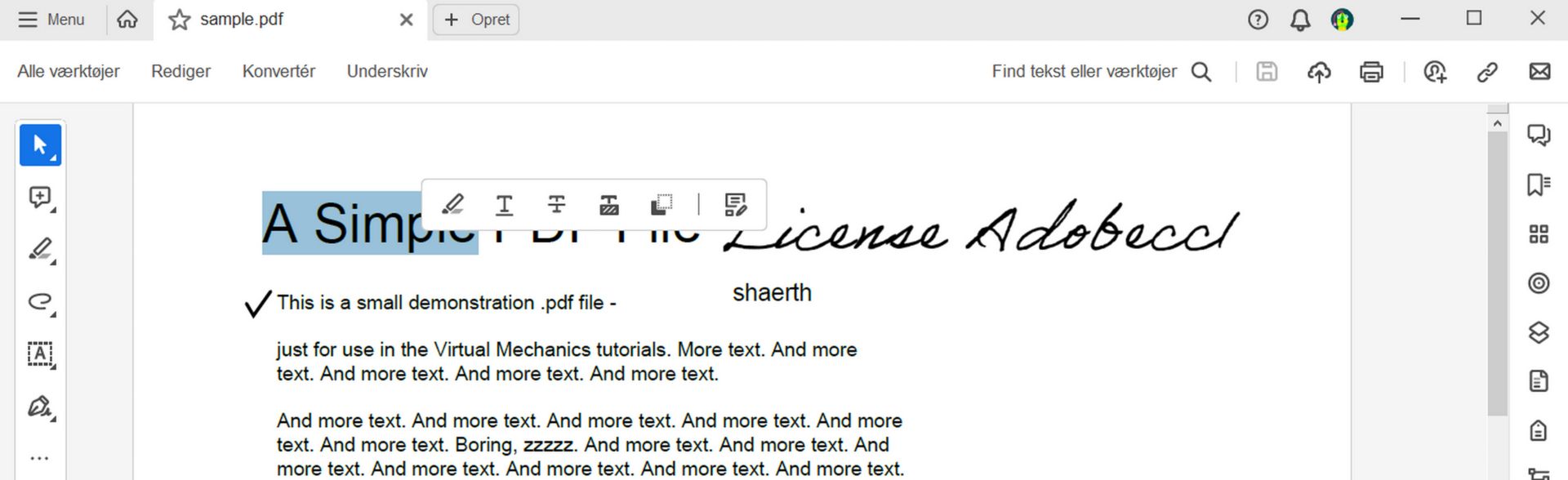 Handlinger ved tekstmarkering