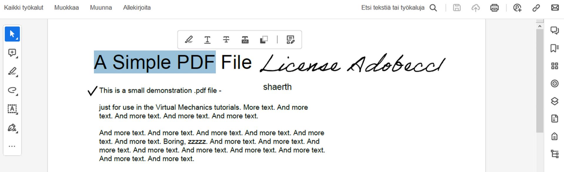 Tekstin valintaan liittyvät toiminnot