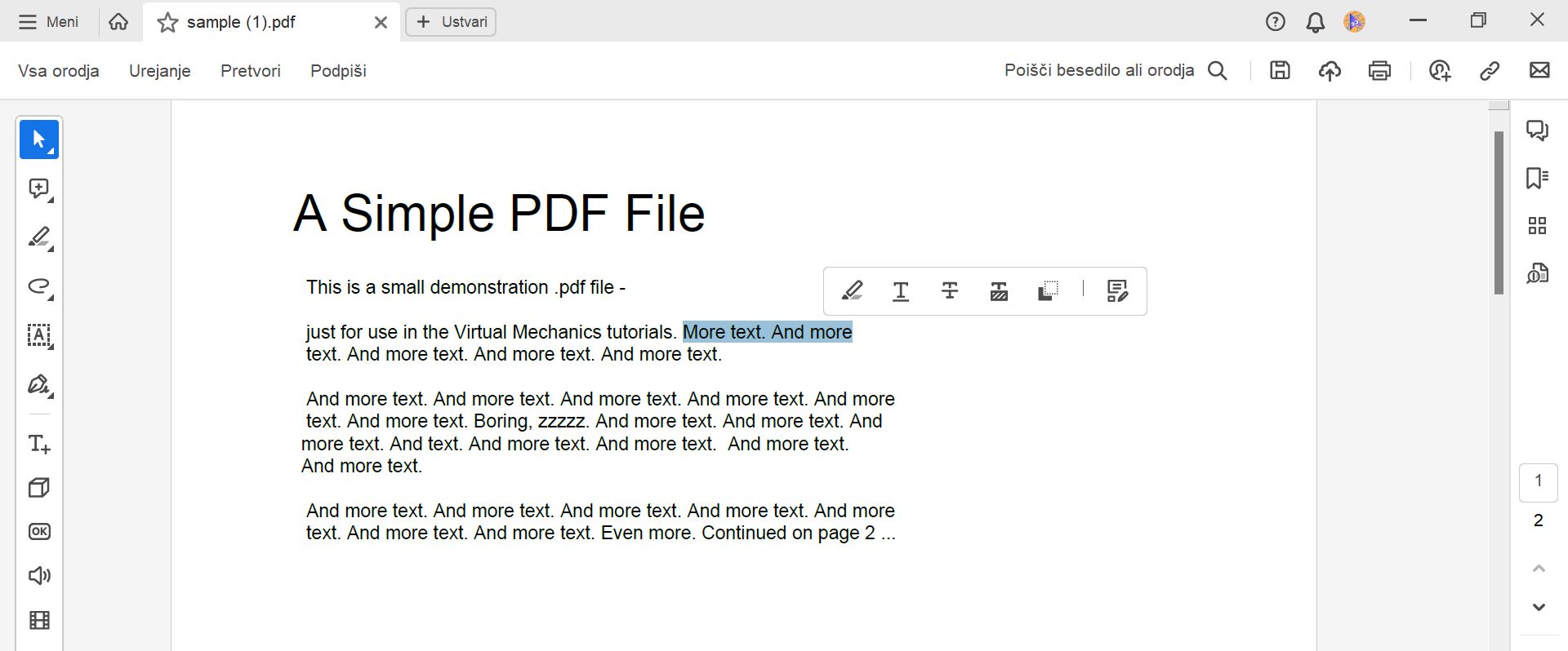 Izbira dejanj za besedilo