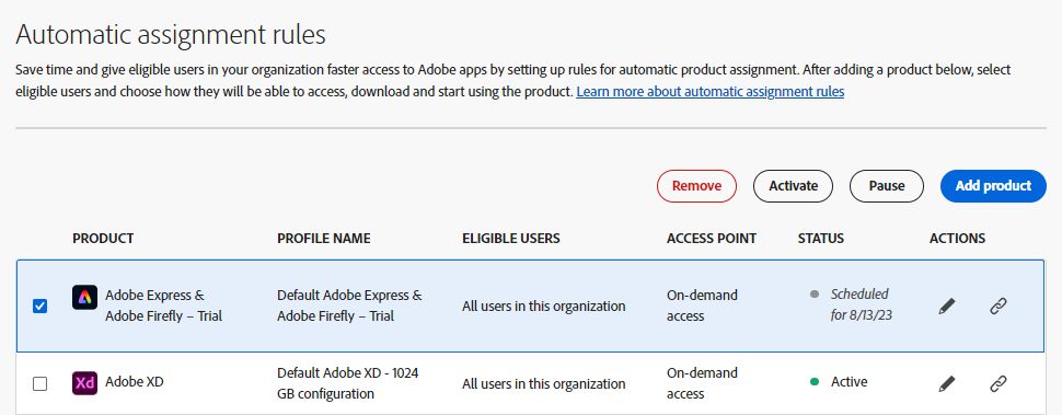 A página de regras de atribuição automática com Adobe Express e Adobe Firefly – oferta de teste selecionada