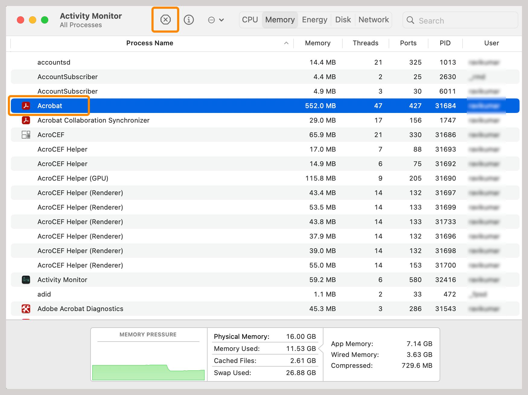 Pare o processo AcroCEF ou RdrCEF no Monitor de atividades.