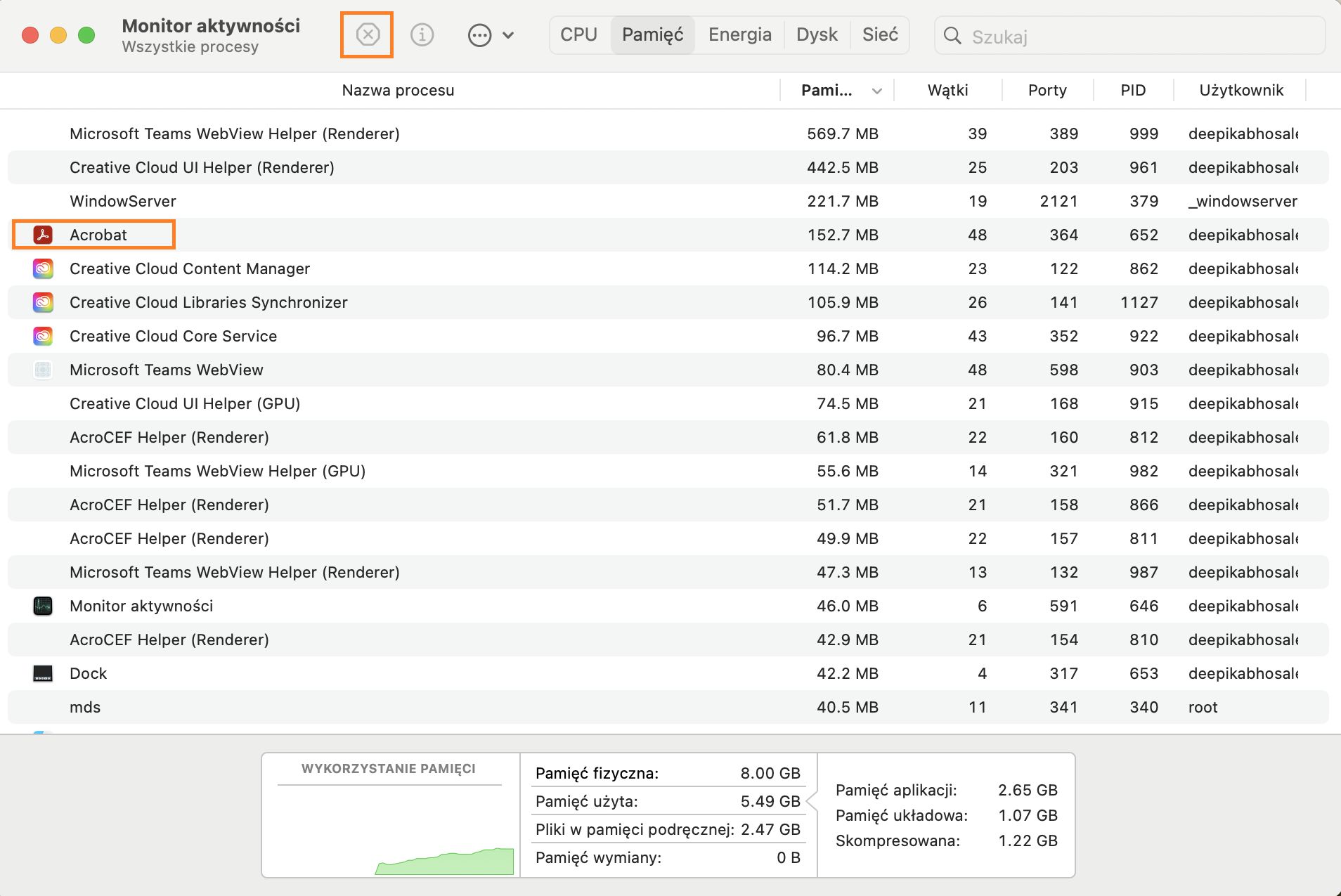 Zatrzymywanie procesu AcroCEF lub RdrCEF z poziomu Monitora aktywności