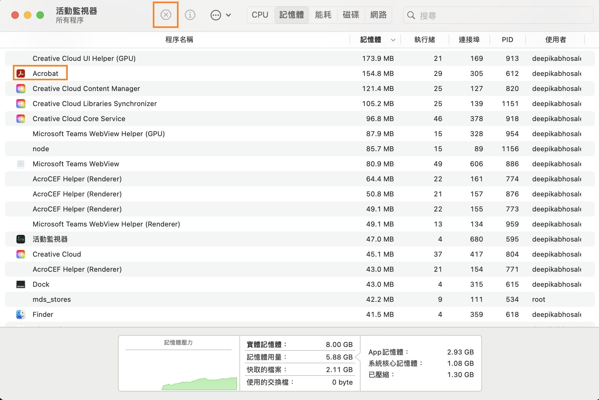 從「活動監視器」停止 AcroCEF 或 RdrCEF 程序