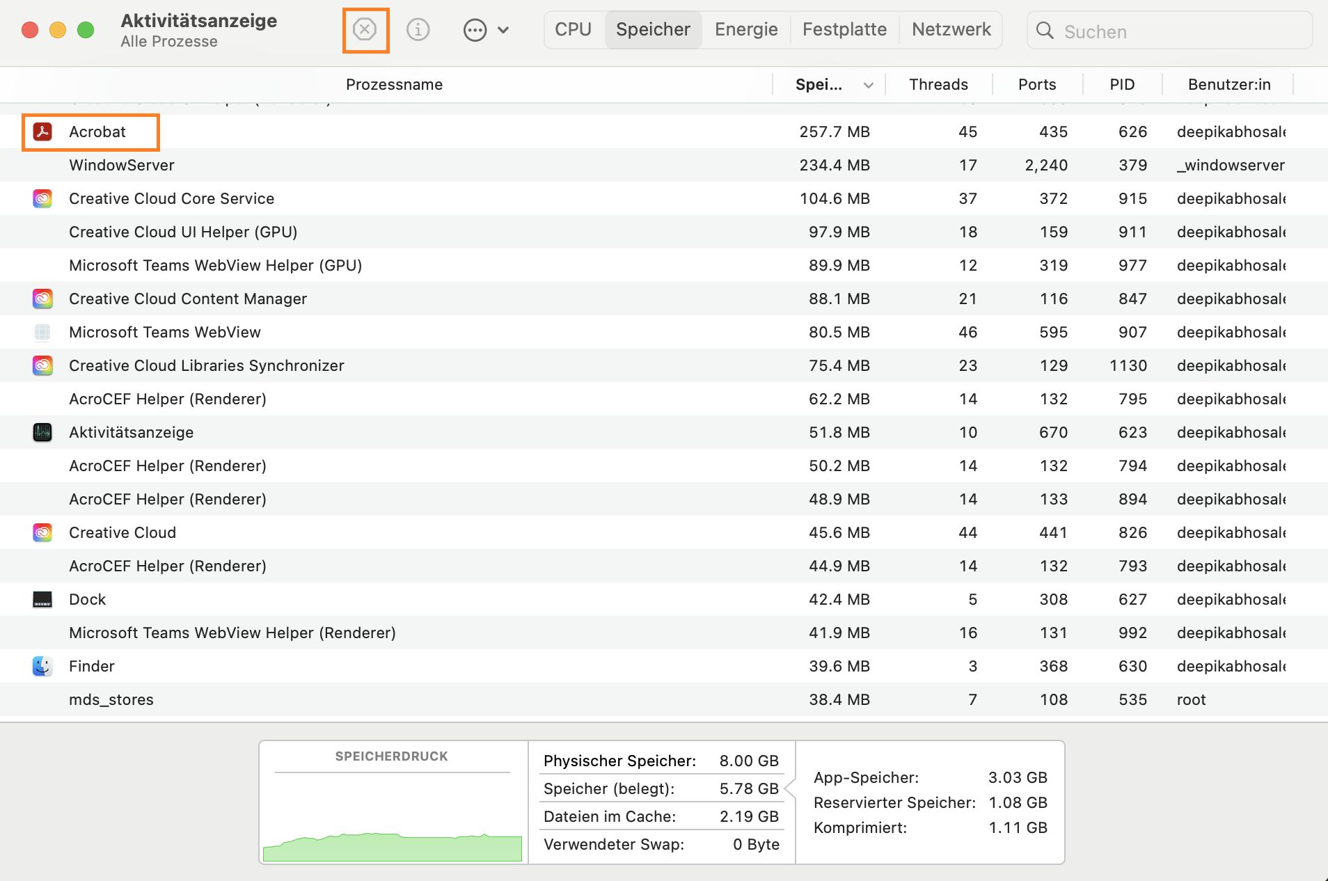 Stoppen des AcroCEF- oder RdrCEF-Prozesses über die Aktivitätsüberwachung