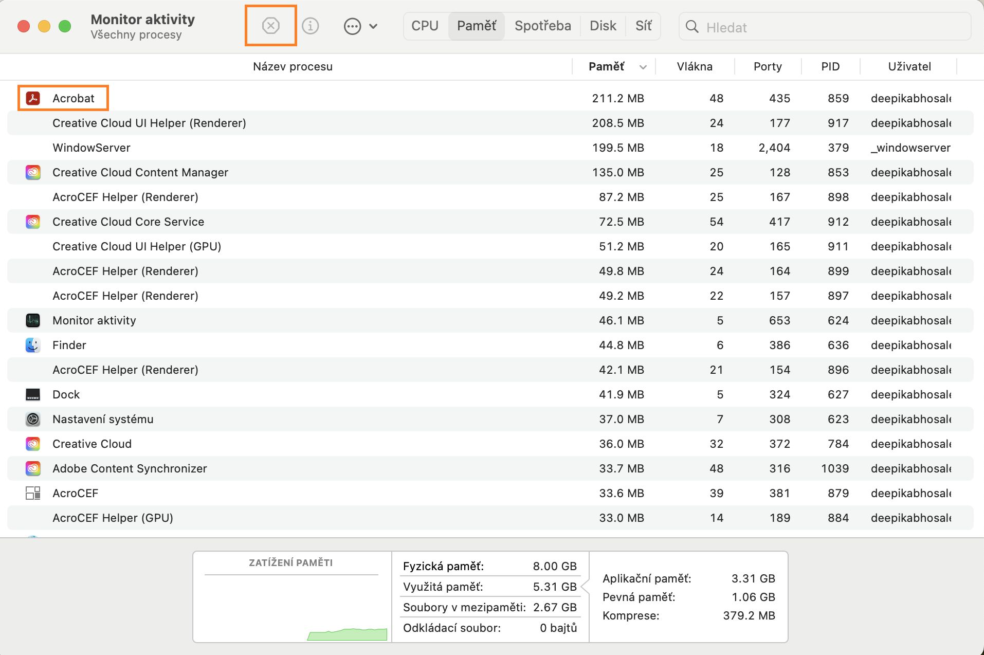 Z Monitoru aktivity zastavte proces AcroCEF nebo RdrCEF