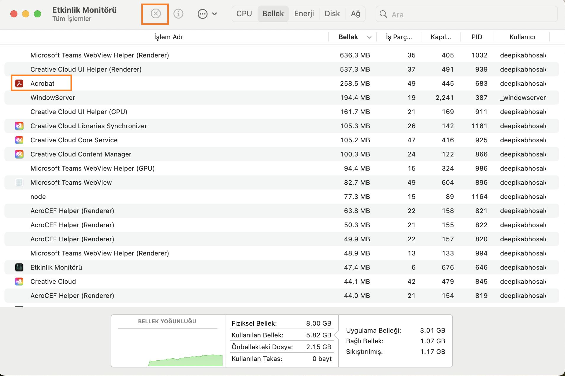 Etkinlik Monitörü'nden AcroCEF veya RdrCEF işlemini durdurma