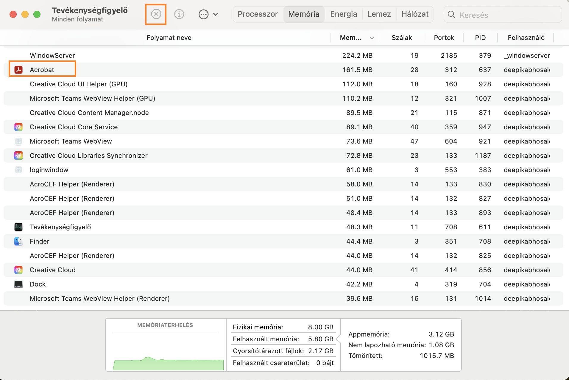 Állítsa le az AcroCEF vagy RdrCEF eljárást a Tevékenységfigyelőből