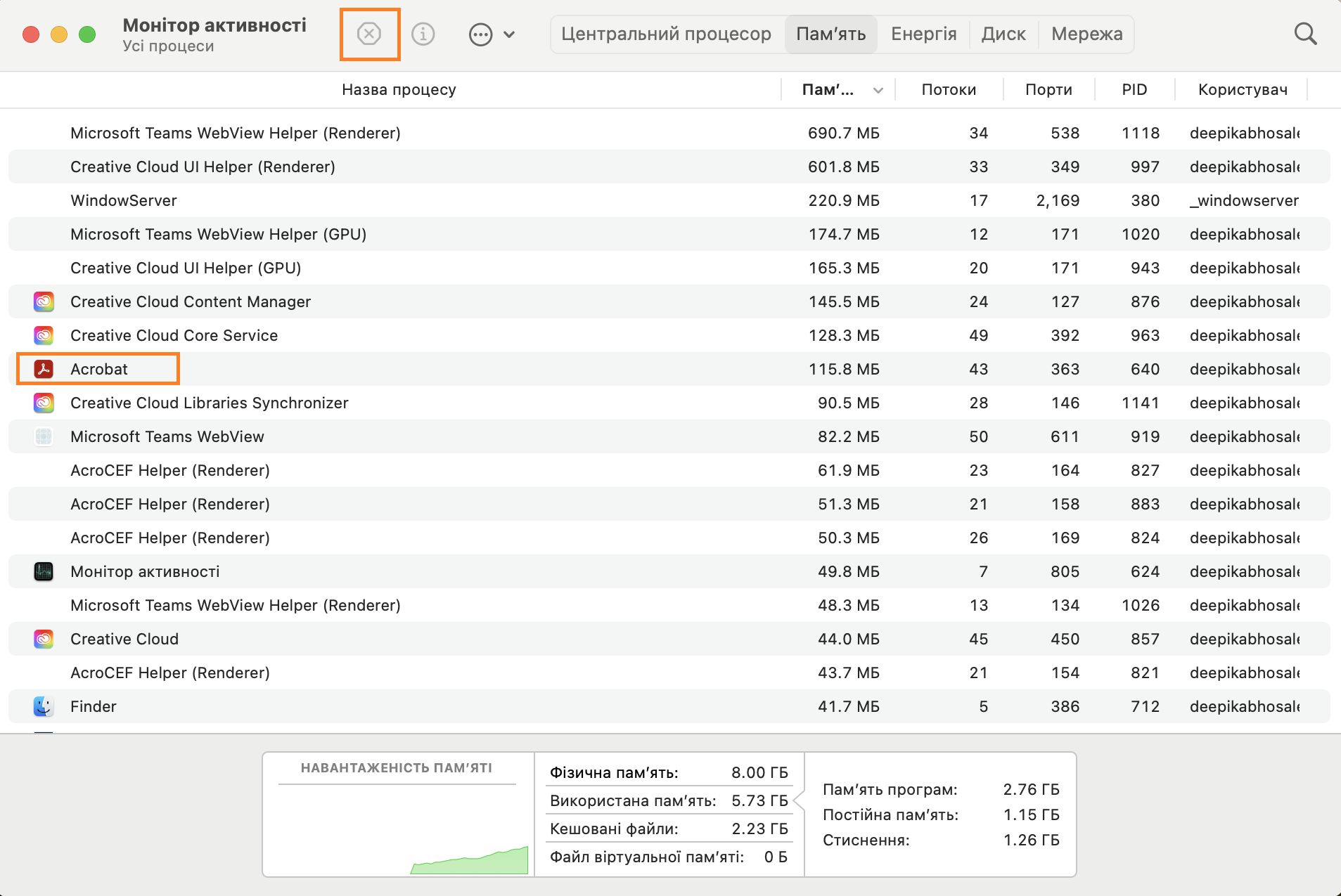 У Моніторі активності зупиніть процес AcroCEF або RdrCEF
