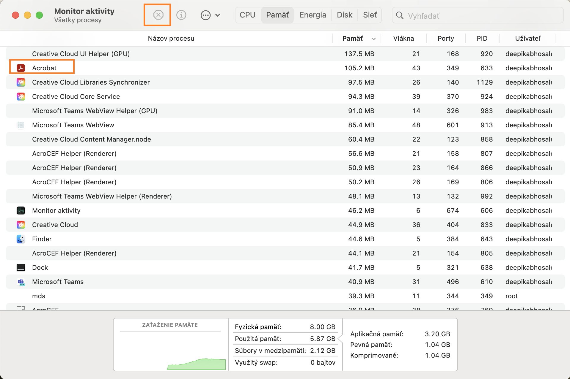 Zastavte proces AcroCEF alebo RdrCEF z Monitora aktivít