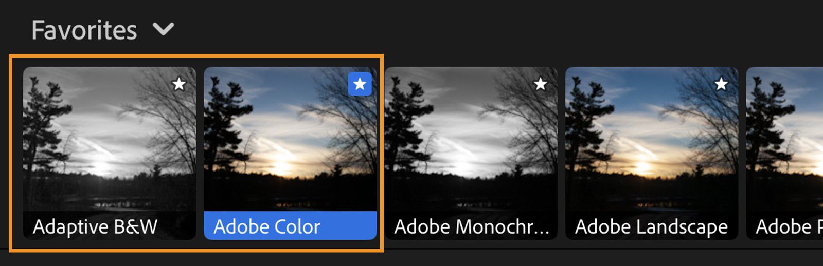 Kleur en Zwart-wit van Adaptieve profielen worden weergegeven op het tabblad Favoriet van het gedeelte Profiel.