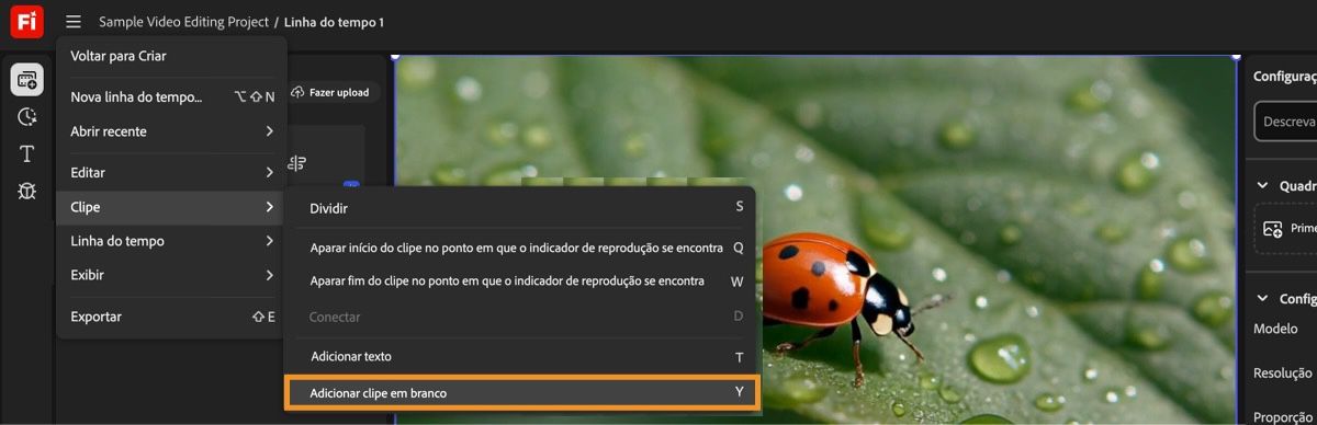 Coloque o indicador de reprodução na linha do tempo onde deseja adicionar um clipe em branco e selecione Adicionar clipe em branco no menu Clipe.