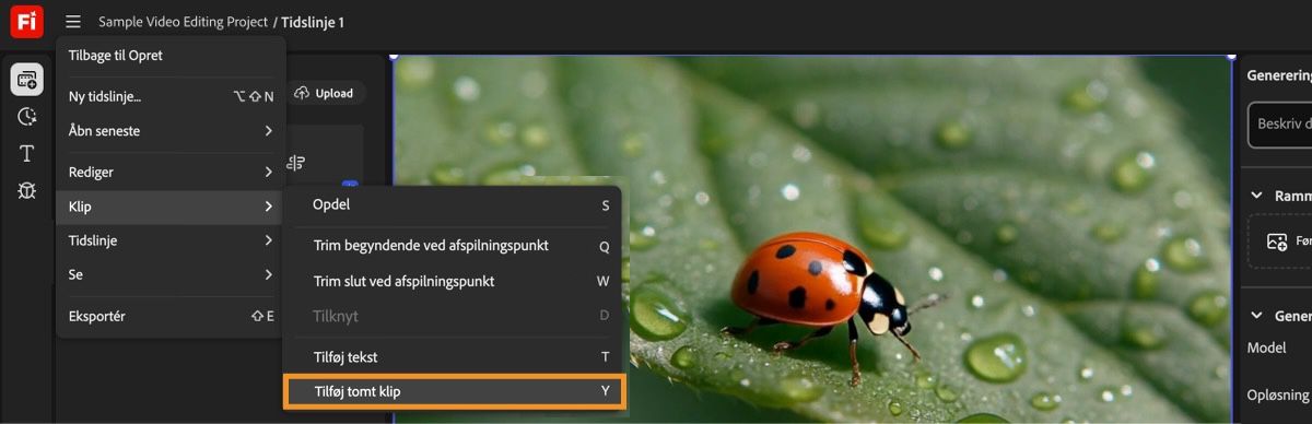 Placer afspilningspunktet på tidslinjen, hvor du vil tilføje et tomt klip, og vælg Tilføj tomt klip fra menuen Klip.