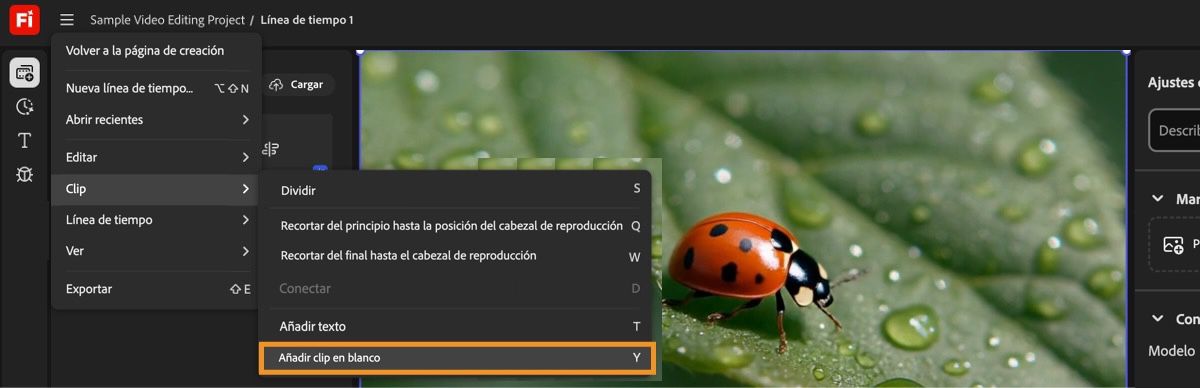 Coloca el cabezal de reproducción en la cronología donde deseas agregar un clip en blanco y selecciona Agregar clip en blanco desde el menú Clip.