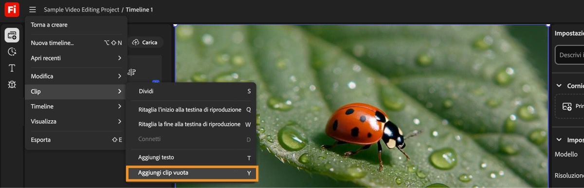 Posiziona la testina di riproduzione nella timeline dove vuoi aggiungere una clip vuota e seleziona Aggiungi clip vuota dal menu Clip.