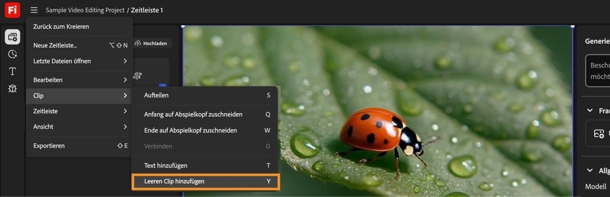 Platziere den Abspielkopf in der Timeline an der Stelle, an der du einen leeren Clip hinzufügen möchtest, und wähle im Menü „Clip“ die Option „Leeren Clip hinzufügen“ aus.