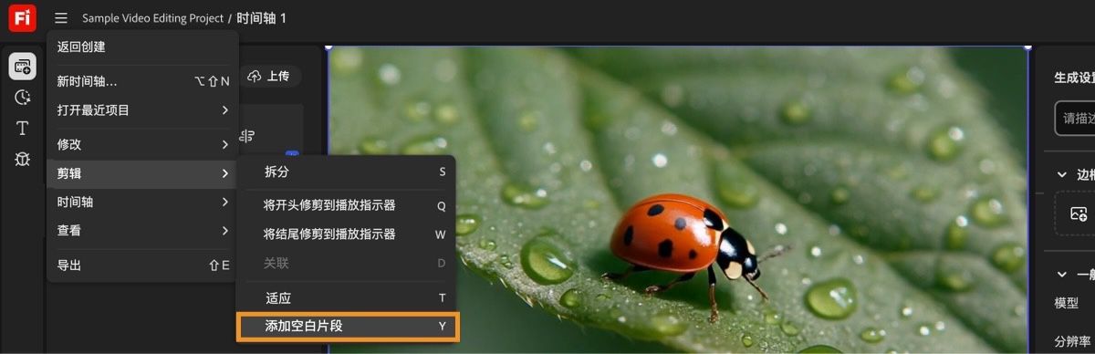 将播放头放在时间线上要添加空白片段的位置，然后从片段菜单中选择添加空白片段。
