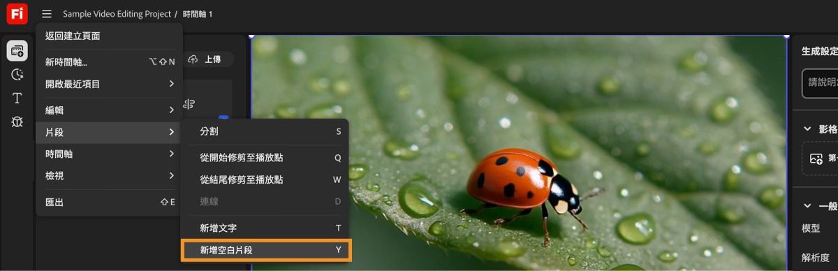 將播放點放在時間軸中您想要新增空白片段的位置，然後從「片段」選單中選取「新增空白片段」。