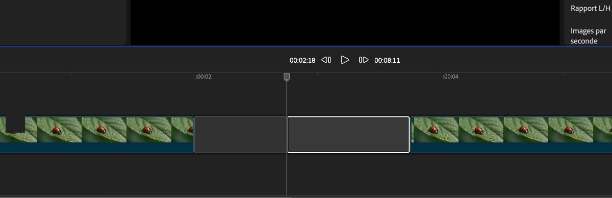 Dans le montage, le clip vierge est ajouté et un calque de texte le recouvre. Il a été découpé pour en faire deux clips différents.