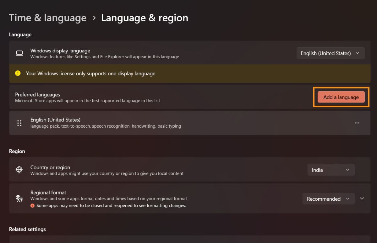 Selecione a opção Adicionar um idioma na seção Idiomas preferenciais.
