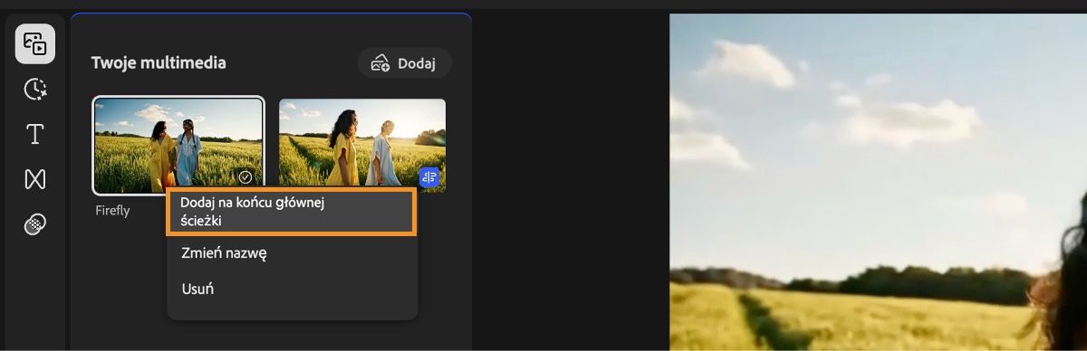 W panelu Twoje multimedia wyświetlany jest plik multimedialny oraz menu kontekstowe zawierające opcję Dodaj multimedia na końcu utworu.