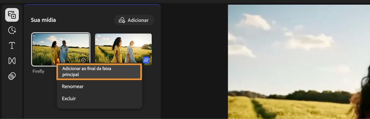 O painel Sua mídia é preenchido com um clipe de mídia e exibe o menu de contexto com a opção Adicionar mídia ao final da faixa.