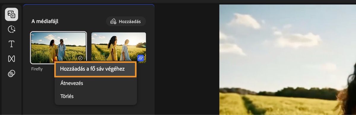 A Saját média panel feltöltődik egy médiaklippel, és megjeleníti a helyi menüt a Média hozzáadása a sáv végéhez opcióval.
