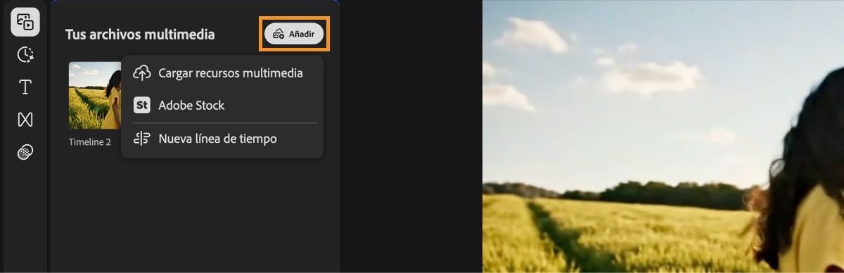 La opción Añadir en el panel Tus medios está resaltada y expandida para mostrar las opciones Cargar medios, Adobe Stock y Nueva cronología. 