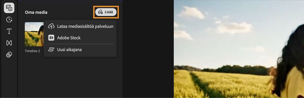 Media-paneelin Lisää-vaihtoehto on korostettuna ja laajennettuna, jolloin siinä näkyvät vaihtoehdot Lataa media palveluun, Adobe Stock ja Uusi aikajana. 