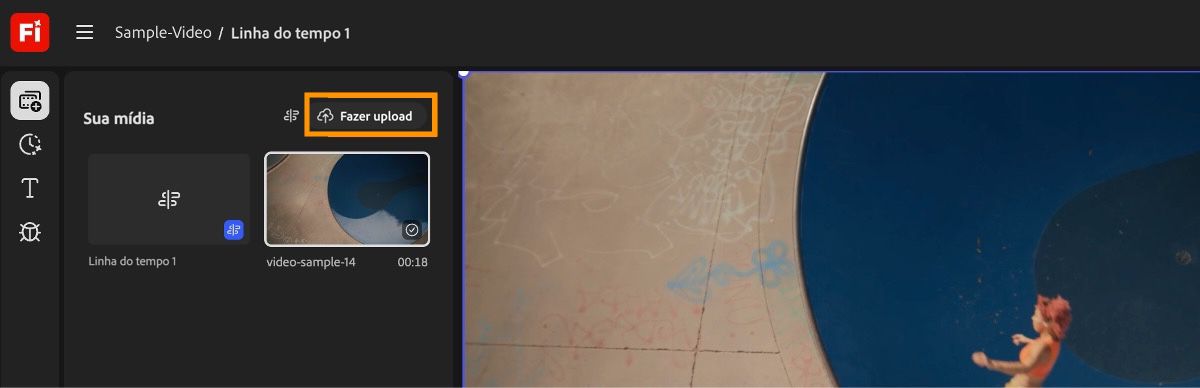 A opção Fazer upload no painel Suas mídias está destacada para que você possa adicionar novos arquivos de mídia ao projeto e, em seguida, à linha do tempo.