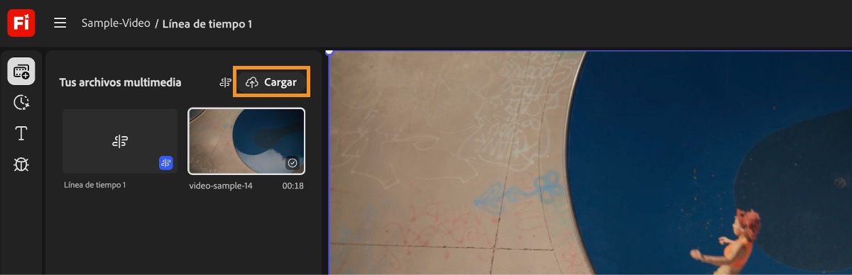 La opción Cargar del panel Tus medios se resalta para que pueda añadir nuevos archivos multimedia al proyecto y, a continuación, a la cronología.