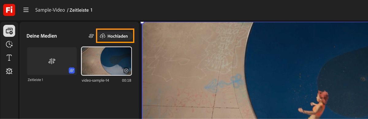 Im Bedienfeld „Deine Medien“ ist die Option „Upload“ hervorgehoben, sodass du dem Projekt und anschließend der Timeline neue Mediendateien hinzufügen kannst.