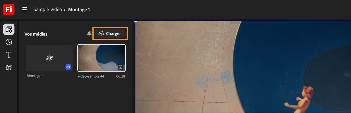 L’option Charger dans le panneau Vos médias est mise en évidence afin que vous puissiez ajouter de nouveaux fichiers média au projet, puis au montage.