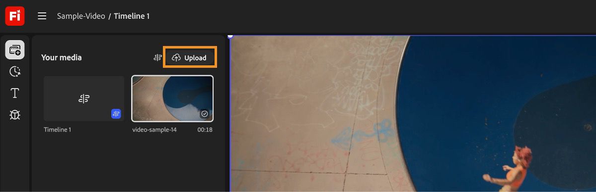 The Upload option in the Your media panel is highlighted so that you can add new media files to the project and then to timeline.