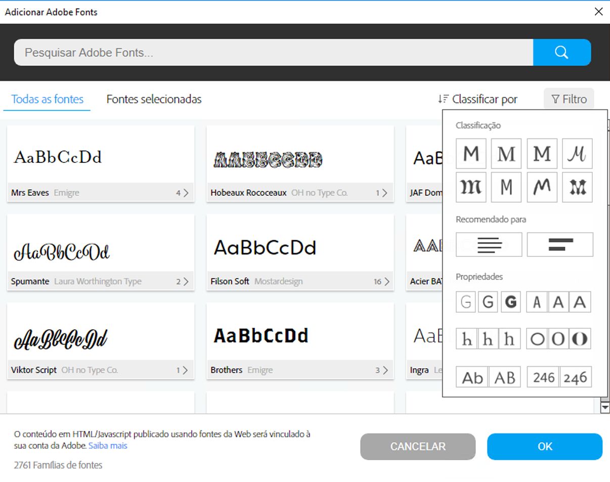 Adicionar caixa de diálogo do Adobe Fonts
