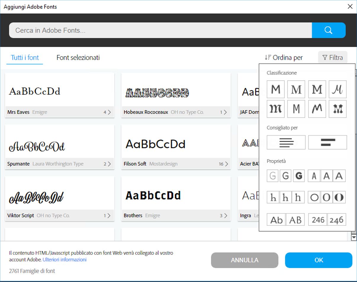 Finestra di dialogo Aggiungi Adobe Fonts