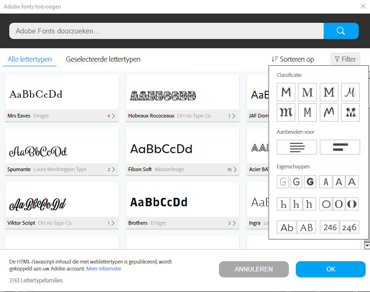 Dialoogvenster Adobe Fonts toevoegen