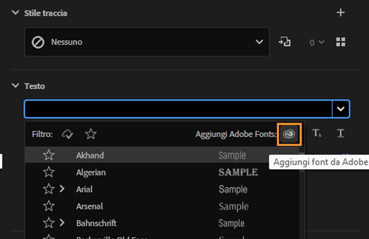 Opzione Add Adobe Fonts per aggiungere una nuova famiglia di font.