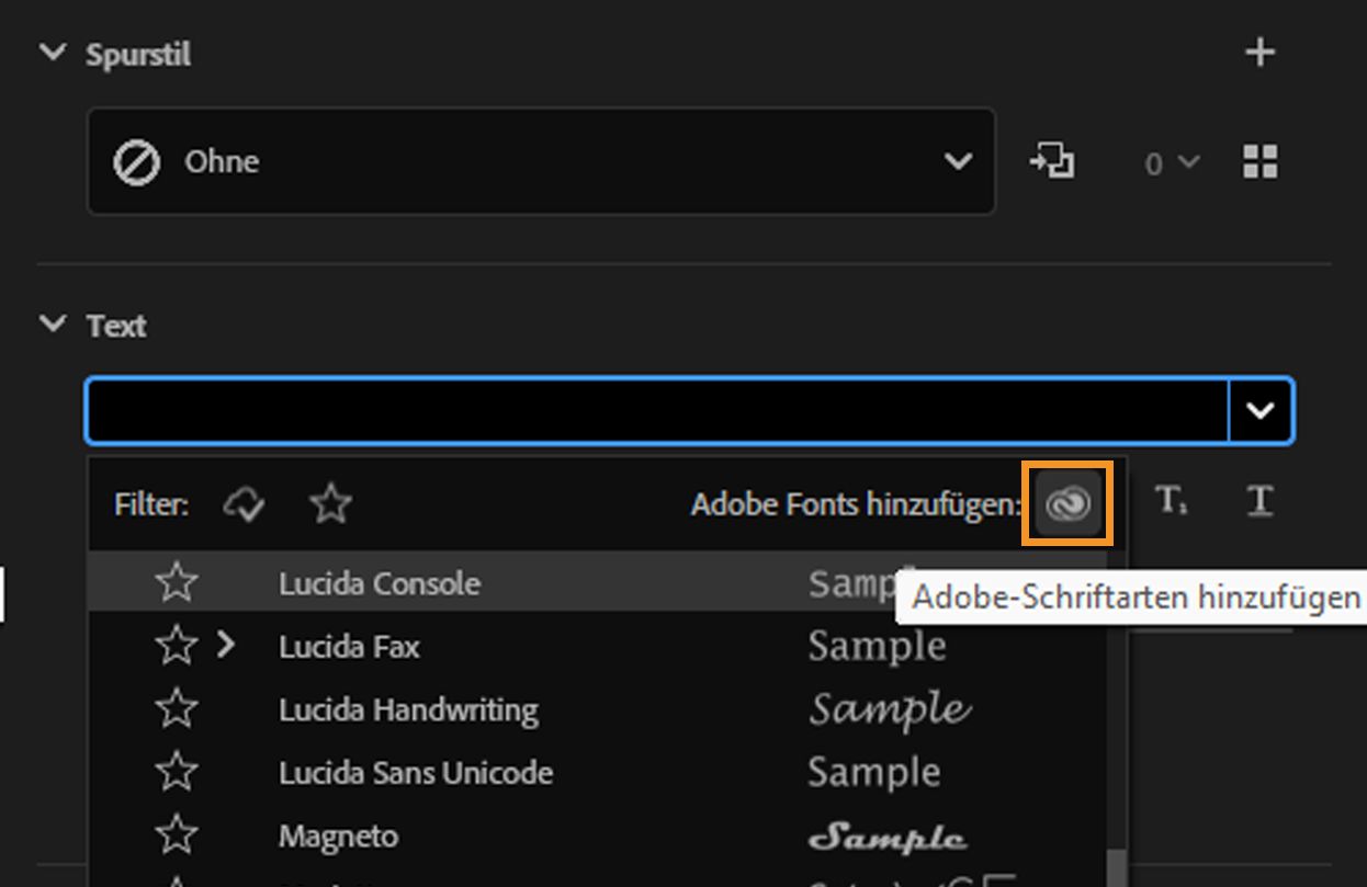 Option „Adobe Fonts hinzufügen“ zum Hinzufügen einer neuen Schriftfamilie.