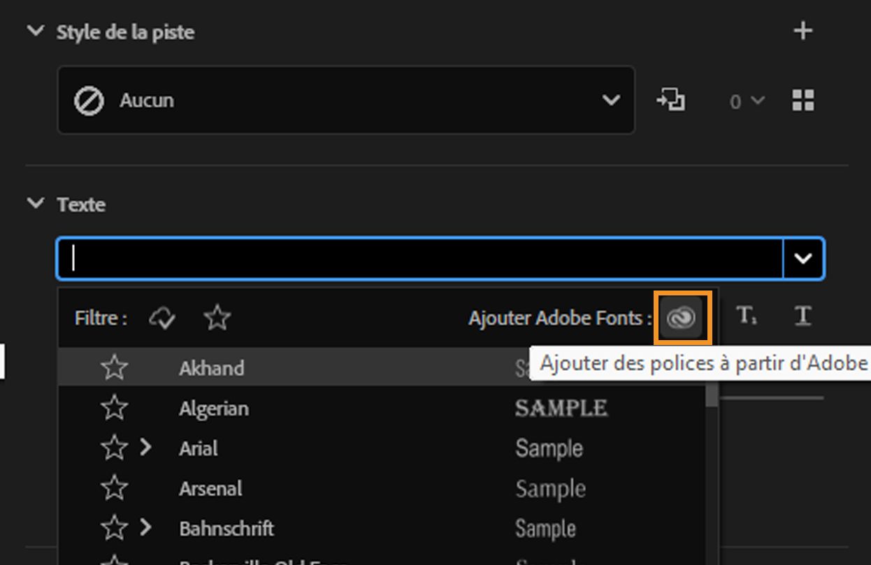 Option Adobe Fonts pour ajouter une nouvelle famille de polices.