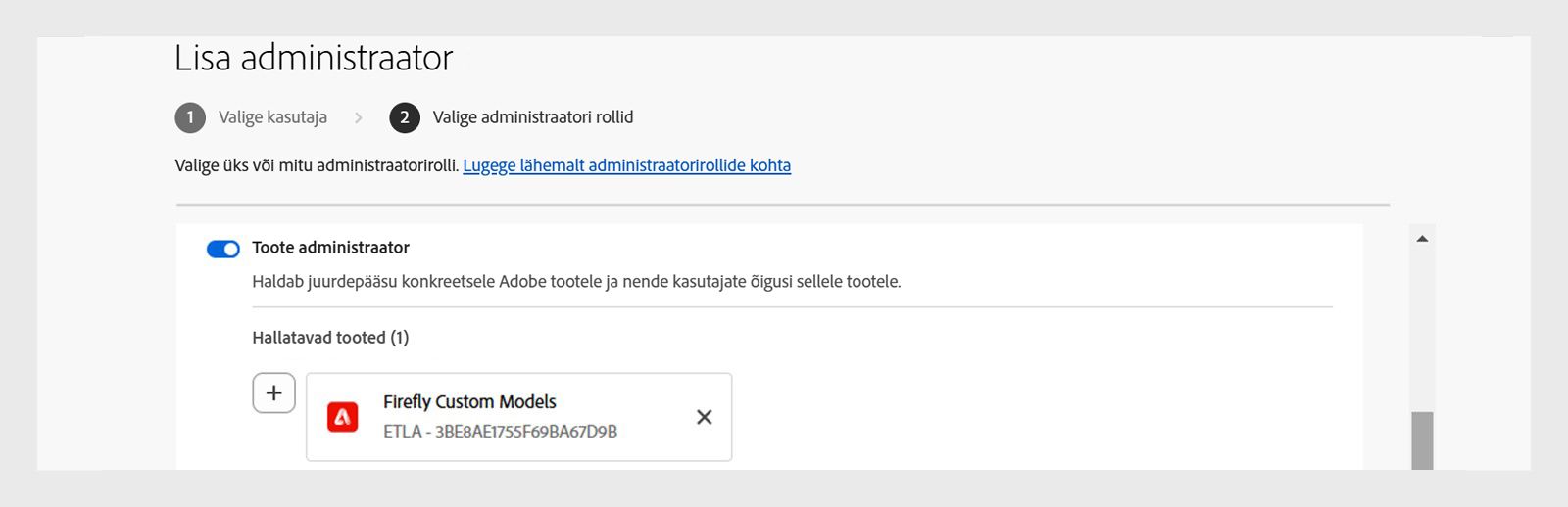 Administraatori lisamise viisard, kus kasutaja on määratud Firefly kohandatud mudelite tooteadministraatoriks