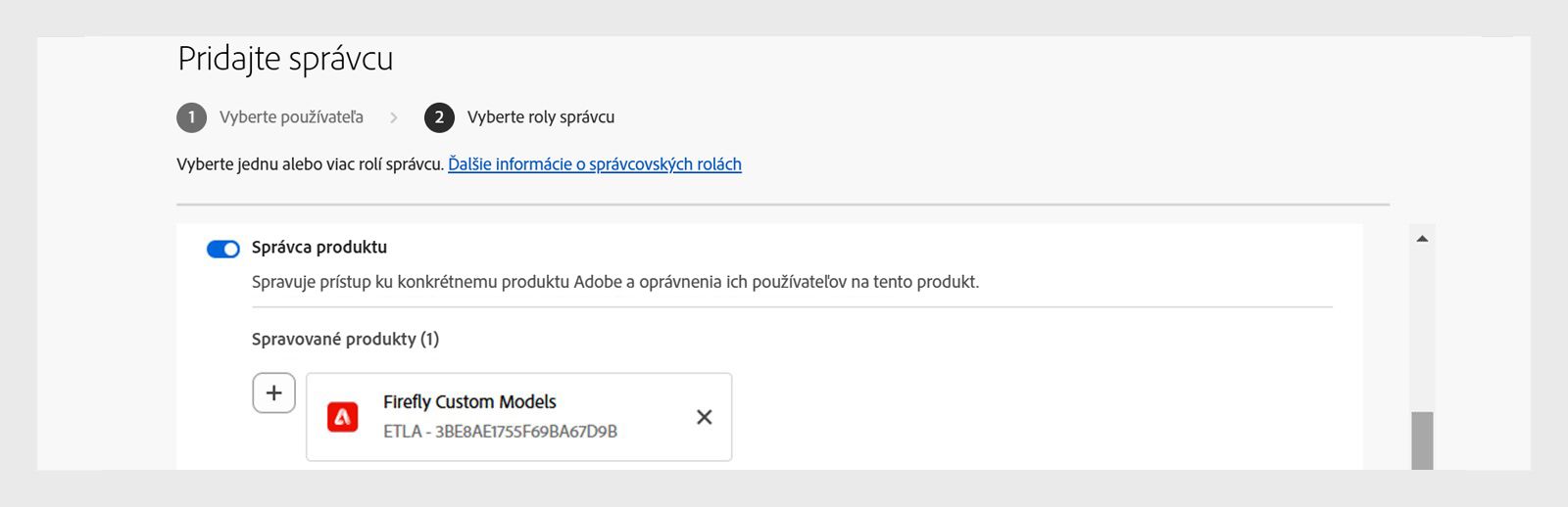 Sprievodca pridaním správcu s používateľom priradeným ako správca produktu pre vlastné modely Firefly