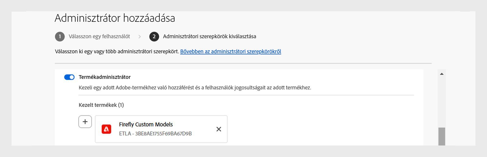 Az adminisztrátor hozzáadására szolgáló varázsló az egyéni Firefly-modellek termékadminisztrátoraként hozzárendelt felhasználóval