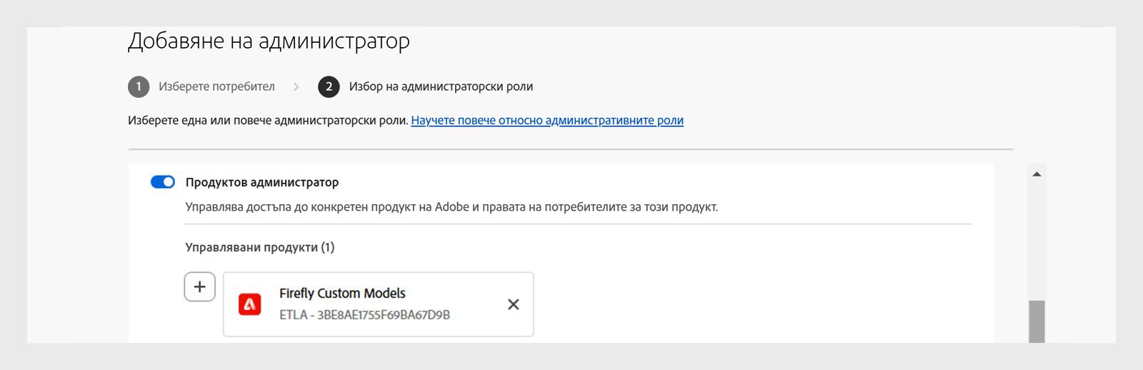 Съветникът за добавяне на администратор с потребителя, възложен като продуктов администратор за персонализирани модели на Firefly