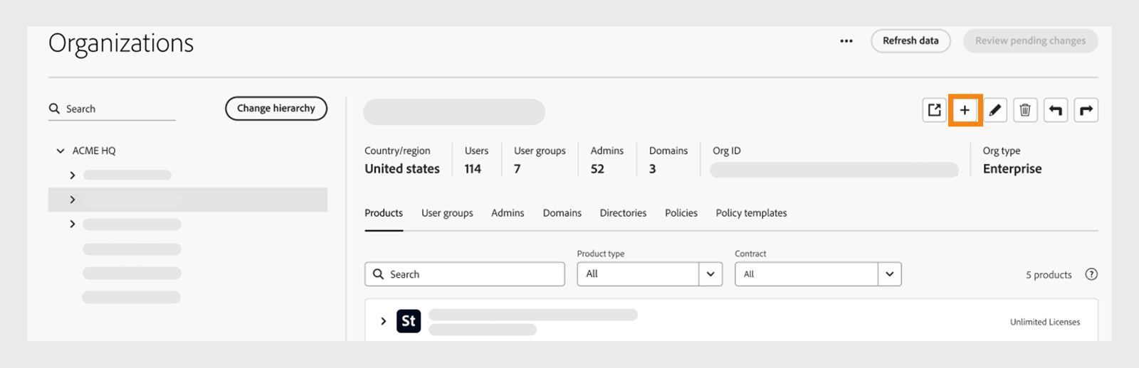 Product allocation page in the Global Admin Console showing a contract drop‑down filter used to select one of multiple contracts and view allocation details separately