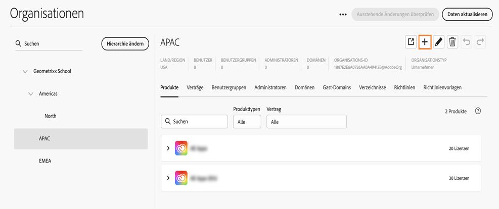 Registerkarte „Organisationen" in der Global Admin Console mit hervorgehobenem Hinzufügen-Symbol