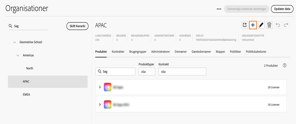 Fanen Organisationer på Global Admin Console med tilføjelsesikonet fremhævet